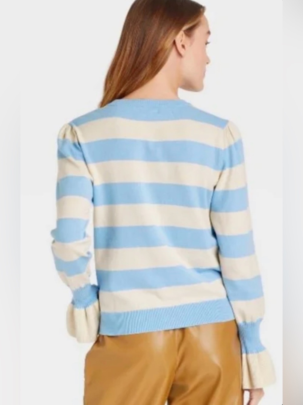Who What Wear Women’s Blue and Cream Striped Bell Sleeve Pullover Sweater - Picture 2 of 7